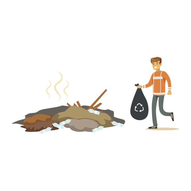 街头清洁工穿着橙色制服，拿着黑色垃圾袋，上面有垃圾回收利用的概念矢量图图片下载