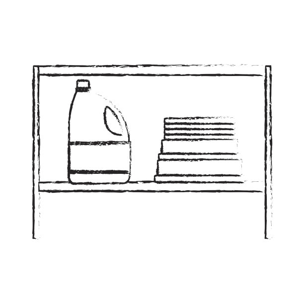 黑白模糊轮廓的机架与漂白剂衣服瓶和折叠毛巾图片下载