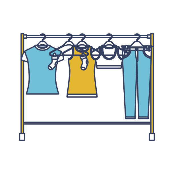 蓝色和黄色部分剪影的女性衣架与t恤和裤子的衣架图片下载