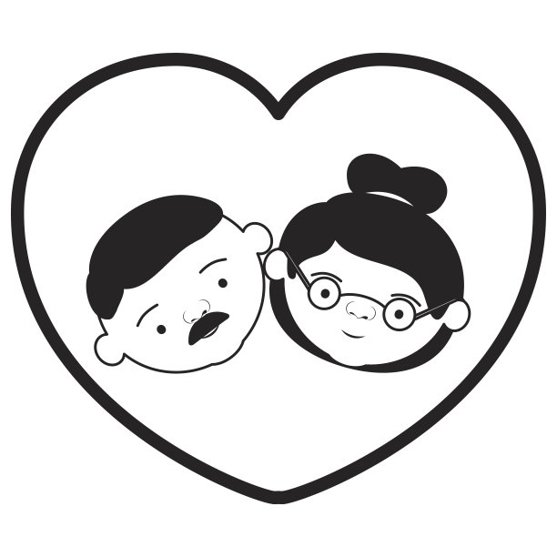 黑色厚轮廓心形贺卡与漫画脸的祖父与祖母收集头发与眼镜图片下载