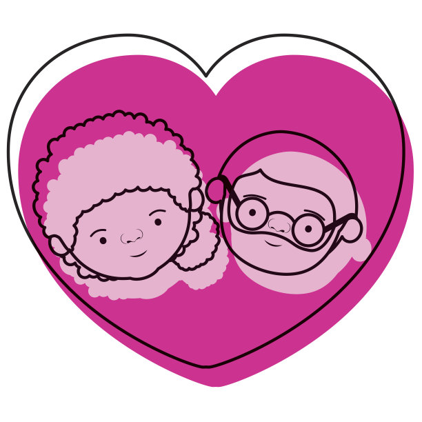 水彩粉色剪影心形贺卡与漫画脸的祖母与侧发髻和胡子祖父与眼镜图片下载