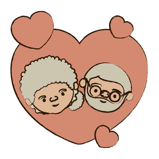 彩色心形贺卡装饰与漫画脸的祖母与侧发髻和胡子祖父与眼镜图片下载