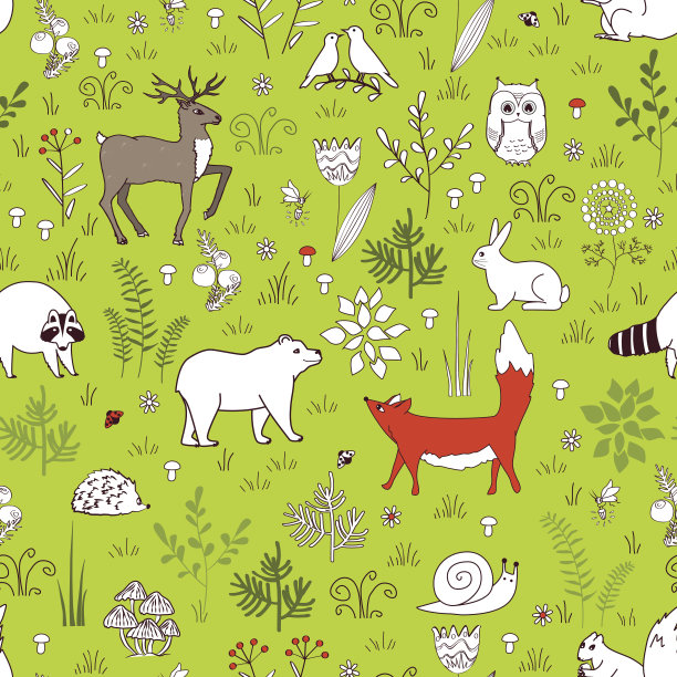 森林无缝图案可爱的熊，狐狸，刺猬，小鸟，蜜蜂，蝴蝶，蘑菇，猫头鹰，蜗牛，鹿，听到，和浣熊在卡通风格。孩子们的背景图片下载