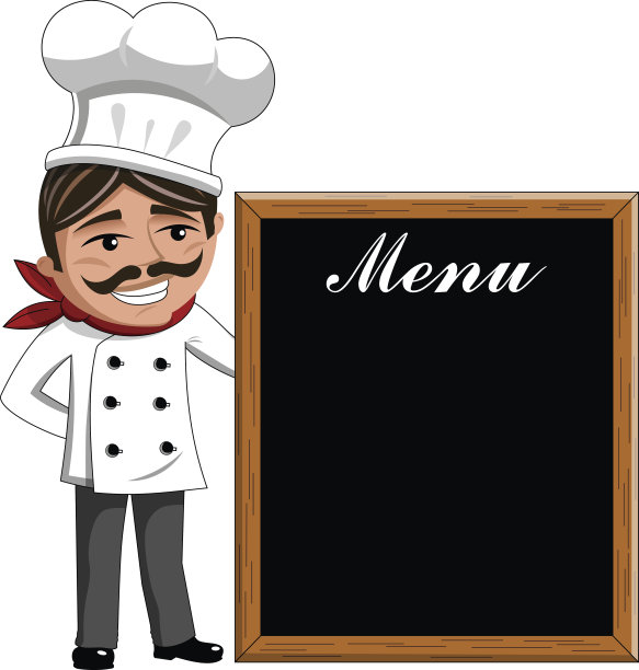 微笑的厨师看着黑板上的菜单图片下载