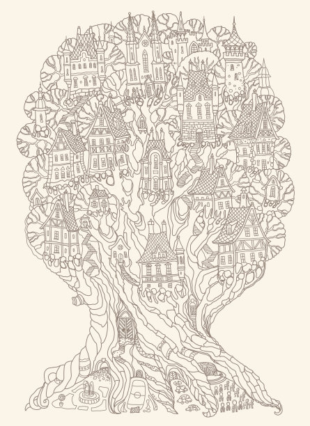 矢量手绘幻想老橡树与童话的房子，城堡和宫殿。在米色背景上绘制棕色轮廓线。t恤打印。成人和儿童涂色书垂直页。蜡染的模板素材图片