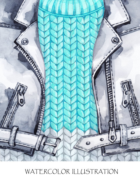 水彩复古风插画：冬季时尚针织毛衣皮夹克女孩图片下载