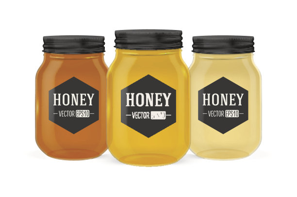 向量现实的蜂蜜玻璃罐设置与金色的盖子特写孤立在白色的背景。设计模板的广告，品牌，模型。EPS10图片下载