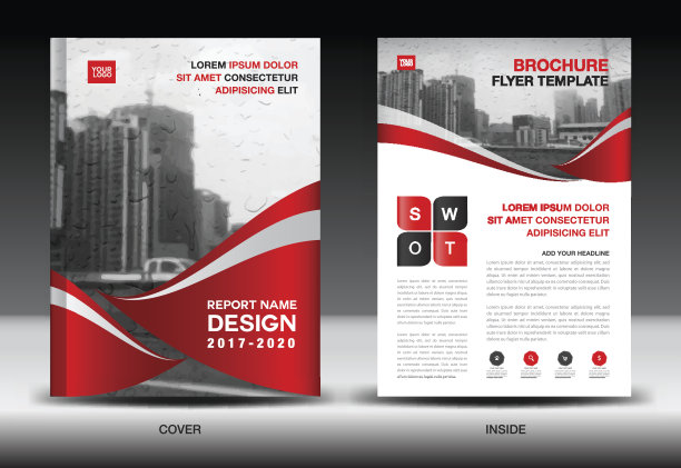 红色方案与城市背景，书籍封面设计模板A4，商业小册子传单，年度报告，杂志，公司简介素材图片
