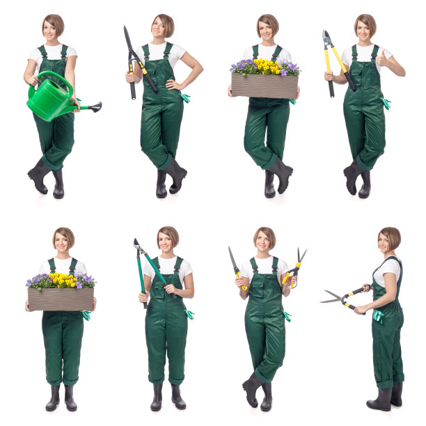 微笑的女人专业园丁。园艺服务与经营理念。拼贴画图片下载