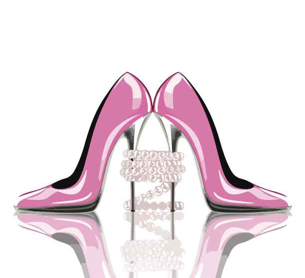 优雅的粉红色，高跟鞋与珍珠首饰。鞋子，婚礼和订婚的象征。图片下载