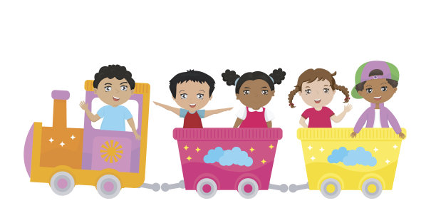 男孩和女孩在一个彩色玩具火车，横幅图片下载