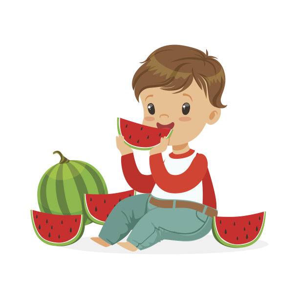 可爱的小男孩角色坐在地板上，享受着吃西瓜的卡通矢量插画图片下载