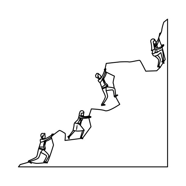 商人团体试图爬到岩石顶部的素描剪影在白色的背景图片下载