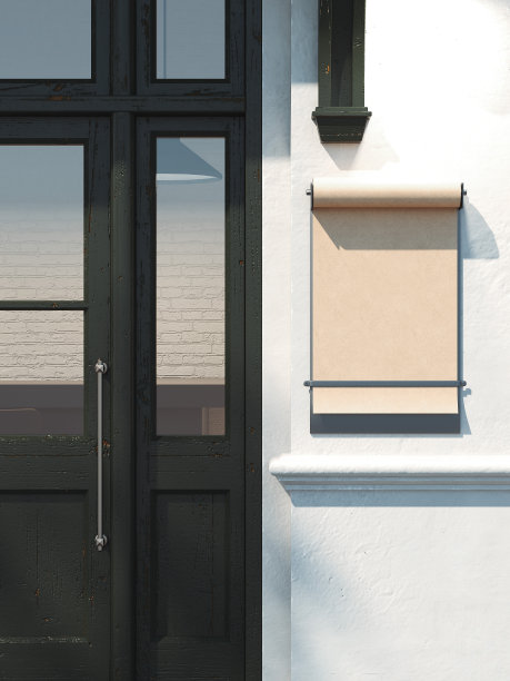 白色墙上的古董滚轴横幅。三维渲染图片下载