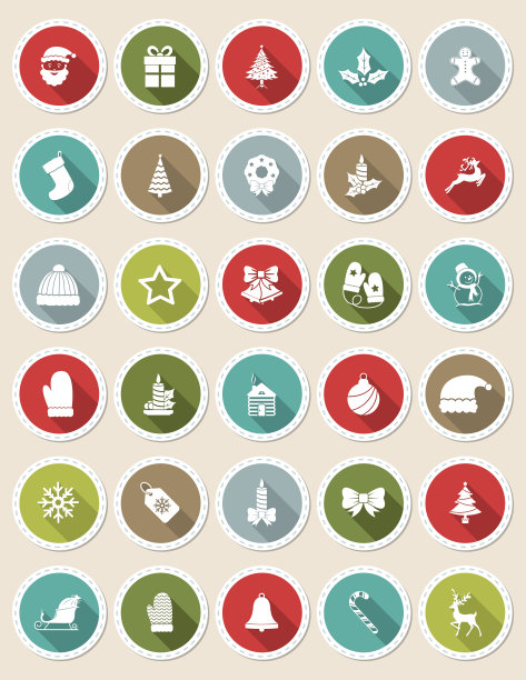 圆圆的贴纸上可爱的圣诞图标图片下载