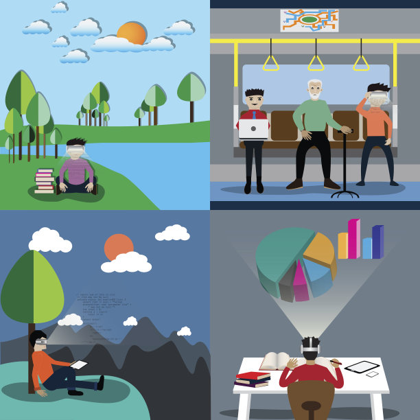 在虚拟现实技术的教育中，每个人都可以处处学习——矢量插图图片下载