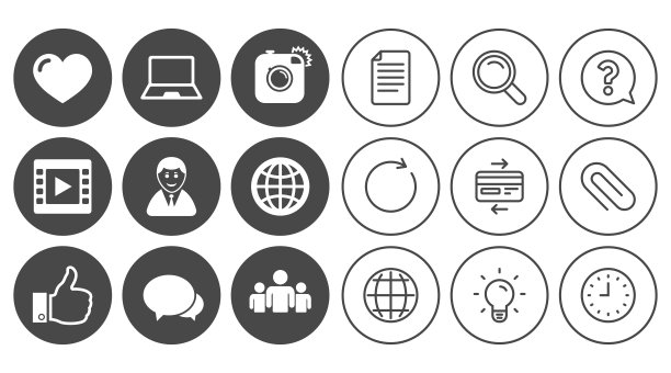 社交媒体图标。视频，分享和聊天标志。图片下载