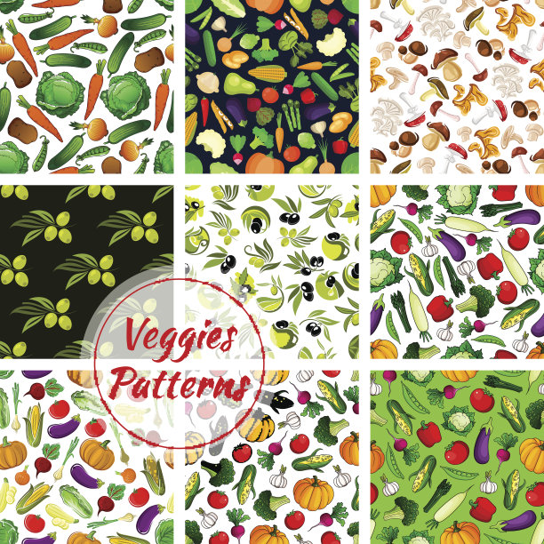 蔬菜、橄榄果、蘑菇无缝图案图片下载