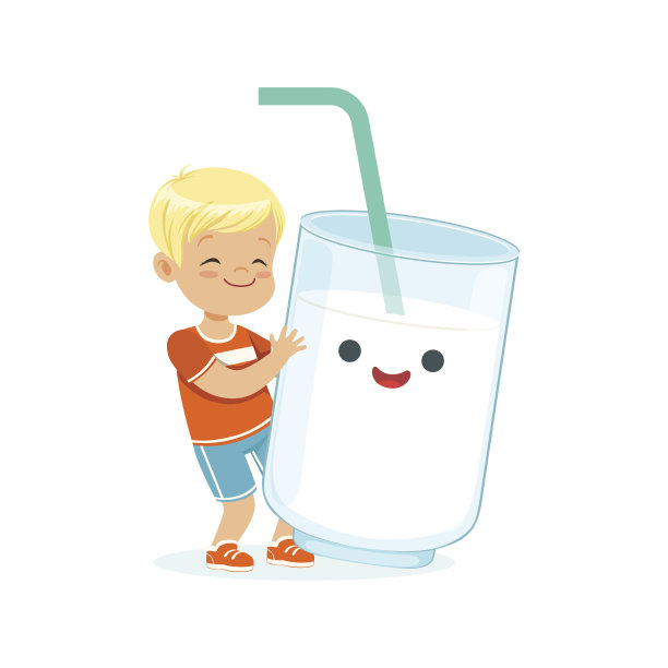 可爱的金发小男孩和有趣的牛奶杯与微笑的人脸玩耍，有乐趣，健康的儿童食品卡通人物矢量插图图片下载