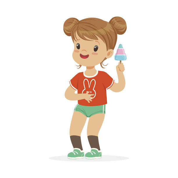 可爱的小女孩角色感觉快乐与她的冰淇淋卡通矢量插图图片下载