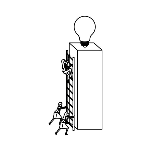 在一个巨大的长方形街区里，女商人爬着木楼梯，白色背景下的素描剪影上挂着一个灯泡图片下载