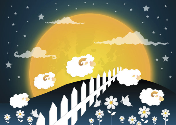 数羊。卡通人物快乐跳跃的绵羊。甜蜜的梦想。纸艺术图片下载