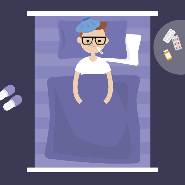 生病的呆子躺在毯子下面，头上戴着冰袋，嘴里放着温度计/可编辑的平面矢量图图片下载