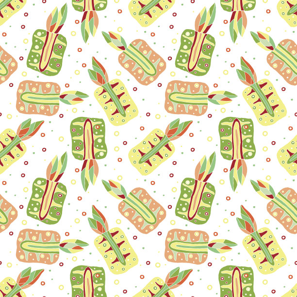 无缝矢量手绘幼稚图案，边框有水果。可爱的菠萝，带有叶子、种子、水滴。涂鸦、素描、卡通风格背景。无尽的重复样板图片下载