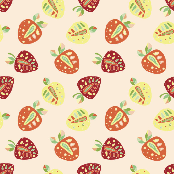 无缝矢量手绘幼稚图案，边框，带有果实。可爱的像钉子一样的草莓，有叶子，种子，水滴。涂鸦、素描、卡通风格背景。无休止的重复样本图片下载