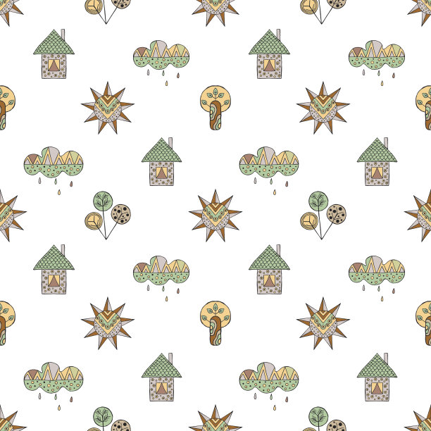 矢量手绘无缝图案，装饰风格幼稚的房子，树，太阳，云，雨涂鸦风格，图形插画童趣可爱的卡通，手绘图片下载