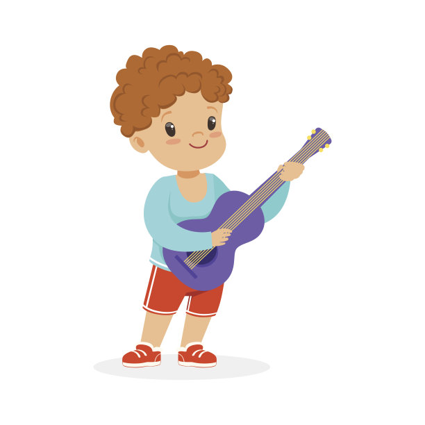 可爱的小男孩弹吉他，年轻的音乐家用玩具乐器，音乐教育为儿童卡通矢量插图图片下载