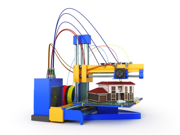 3d打印机的想法前面黄蓝色3d渲染在白色的背景图片下载