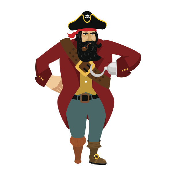 海盗孤立。戴眼罩和抽烟斗。阻挠议事帽，骷髅会。海盗头长着黑胡子。海盗木脚图片下载