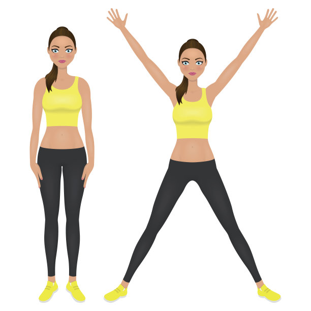 举手的健康女孩。穿着紧身裤和露脐上衣的年轻女人。特征向量插图。图片下载