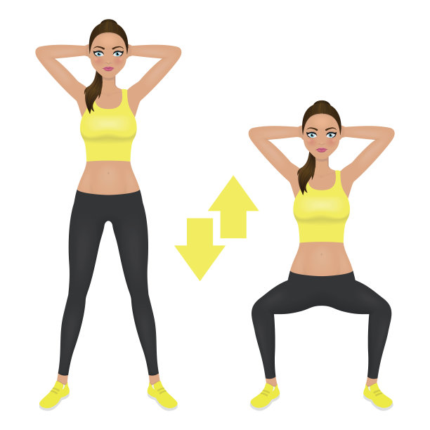 下蹲运动指令。年轻女子蹲着，双手放在脑后。穿着运动服的健康女孩。向量的性格。图片下载