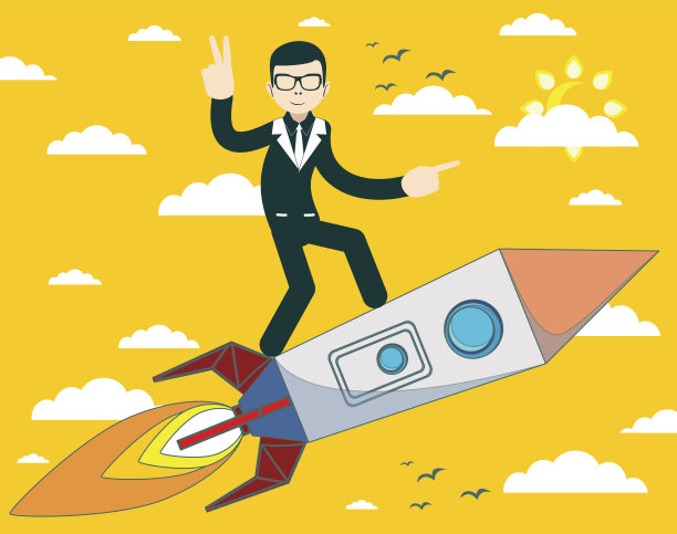 商人在火箭上飞行的天空背景图片下载