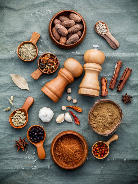 木勺里装着各种香料和药草。在画布背景上铺上一层香料配料辣椒，胡椒，大蒜，肉桂，八角，肉豆蔻，肉豆蔻。图片下载