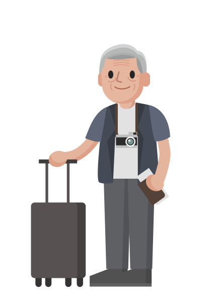 老年旅游。爷爷带着箱子在旅行。站在高级的人。图片下载