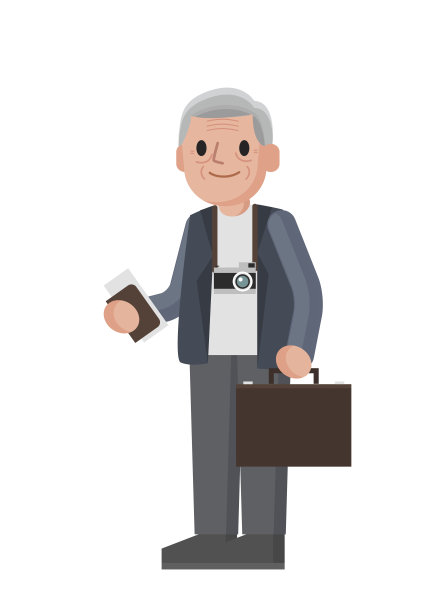 老年旅游。爷爷带着箱子在旅行。站在高级的人。图片下载