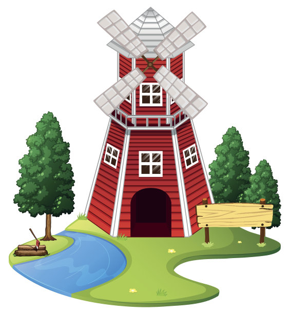 农场上有红色风车的场景图片下载