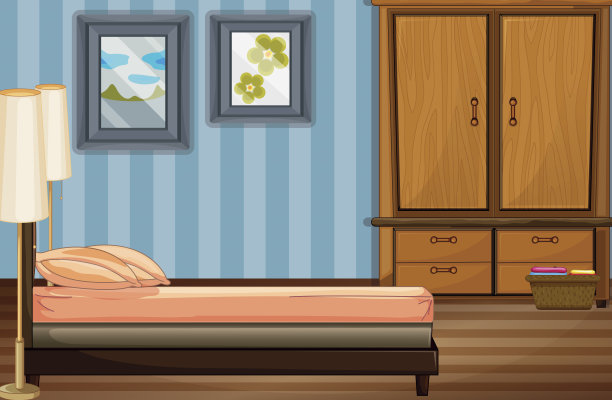 卧室场景与床和木制衣柜图片下载
