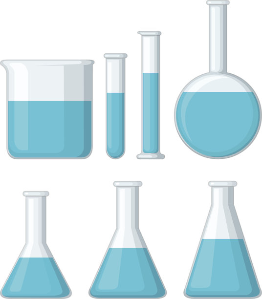 不同的烧杯里装满蓝色液体图片下载