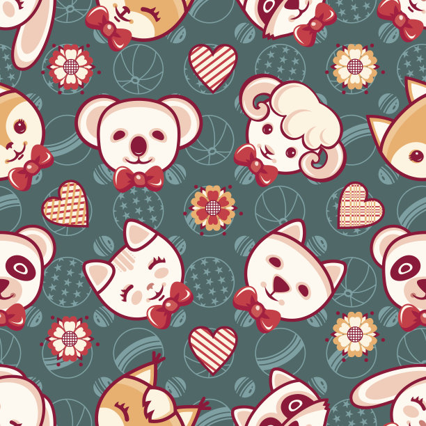 可爱的宠物。无缝模式。色彩丰富的背景与人物。图片下载