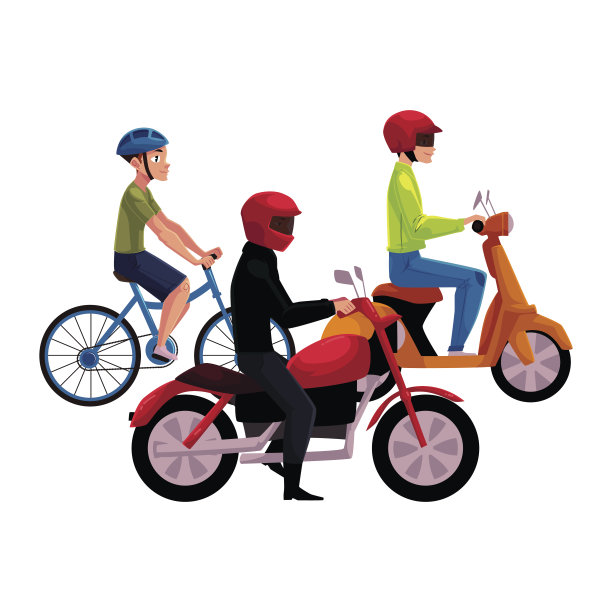 摩托车、踏板车和自行车司机，骑手戴头盔，侧视图片下载