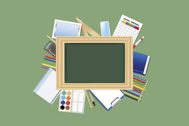 学校用品围绕着空的绿色黑板图片下载