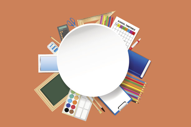 学校用品四周是空白的白色圆形盘子图片下载