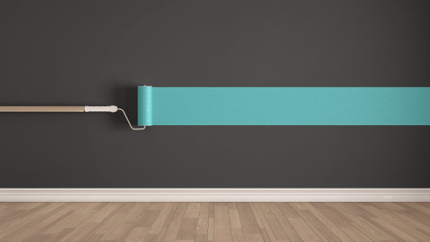 空房间油漆辊和油漆墙，木地板，灰色和绿松石极简主义室内设计图片下载