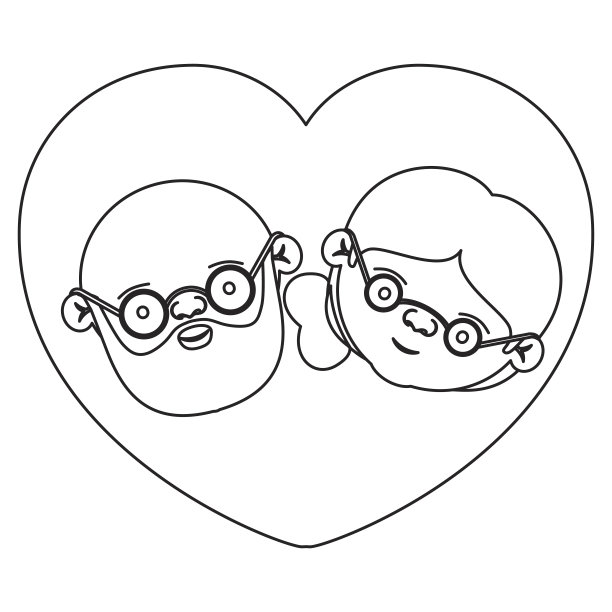 剪影心形状的贺卡与漫画脸秃头的祖父与胡子和祖母与侧面收集头发图片下载