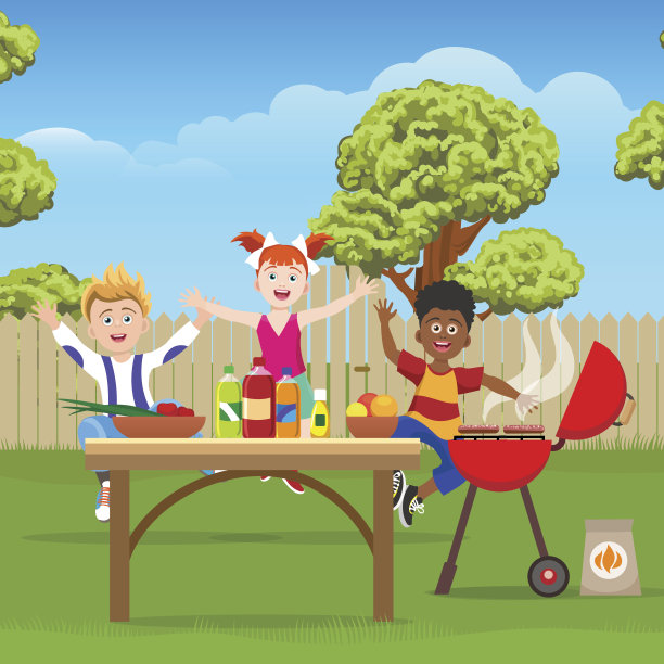 孩子们在绿色的花园野餐图片下载