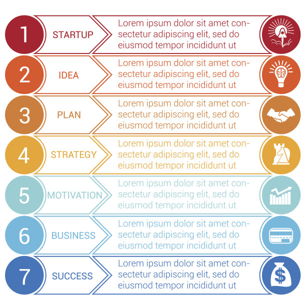 创业公司通过圆圈和水平彩色箭头的位置来实现信息图表模板的最小化图片下载